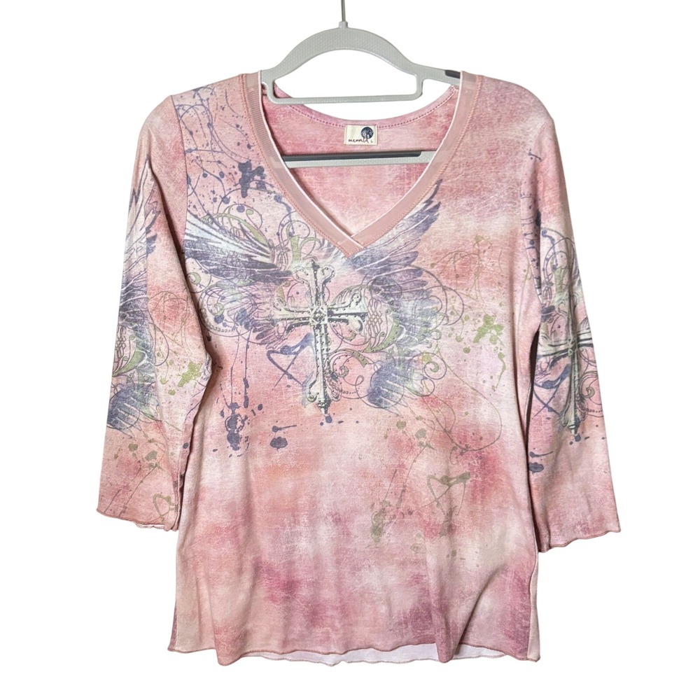 One World Y2K Rhinestone Graphic Top Womens L Pink Cross Angel Wings McBling